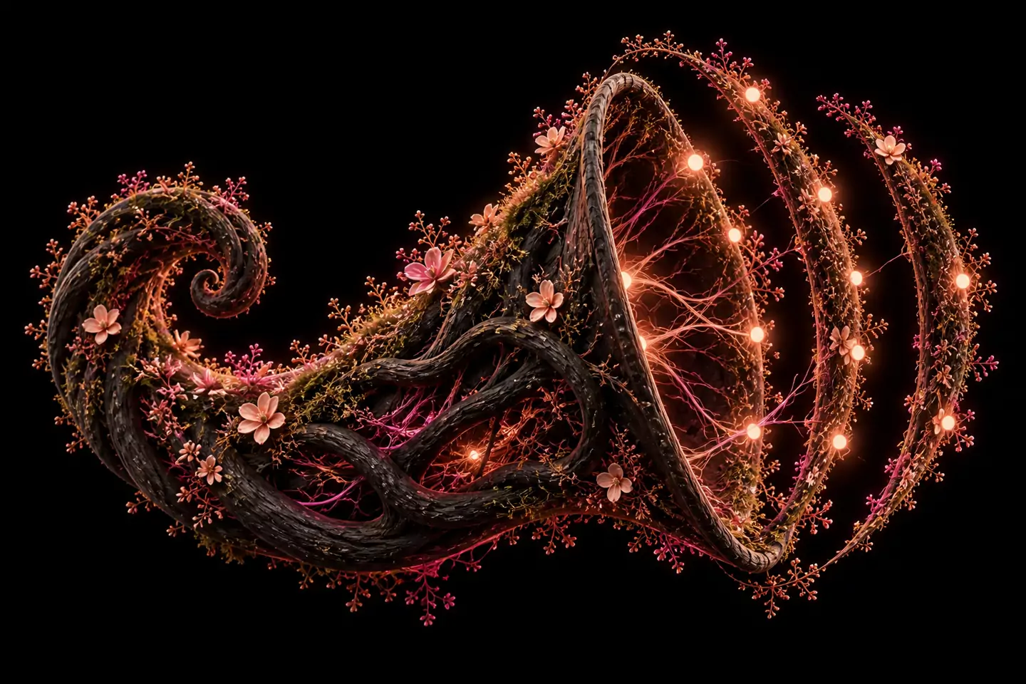 A sculpted dark wooden shell surrounded by delicate coral light arcs suggesting sound.