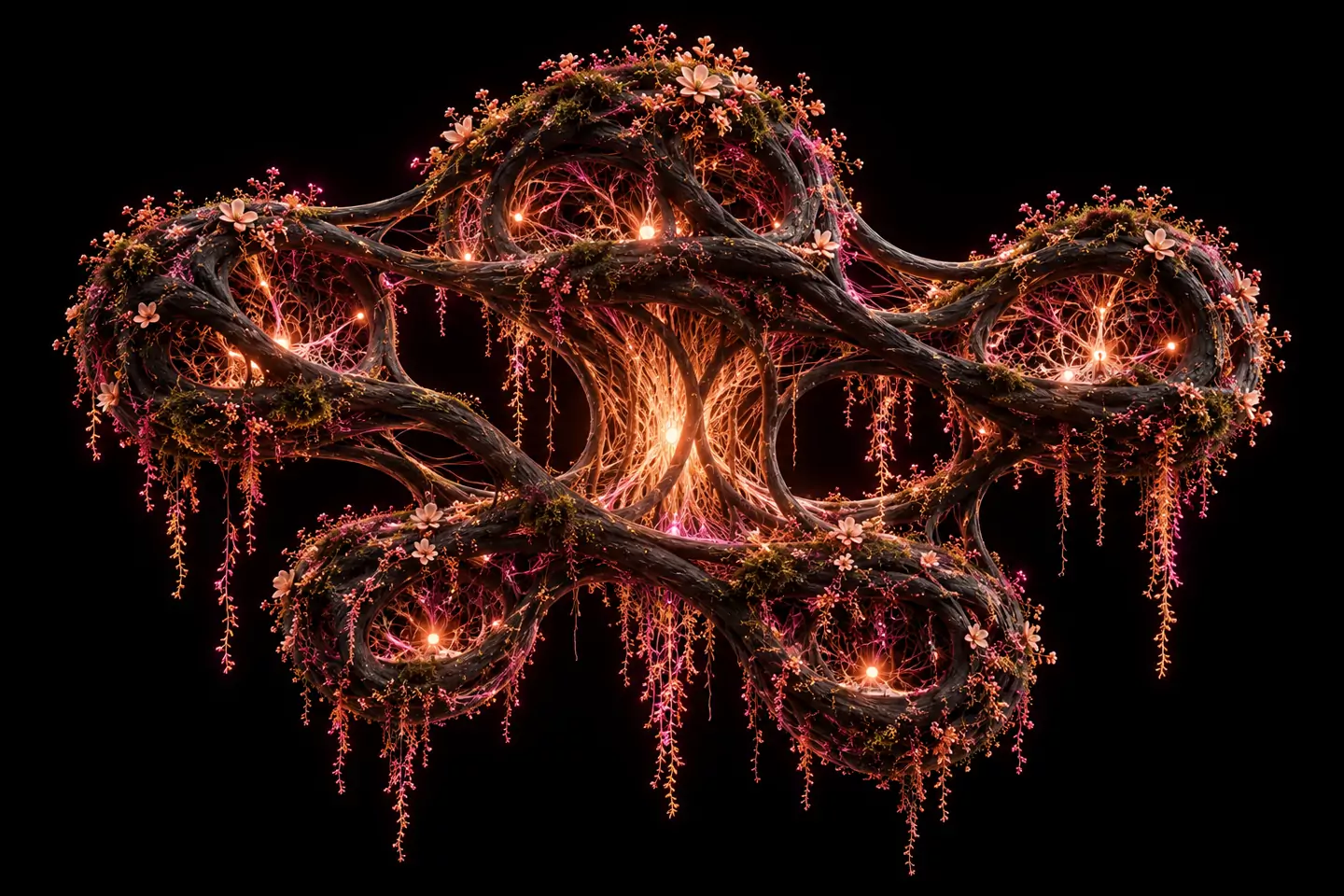 Several organic wooden chambers connected around one warm illuminated core.
