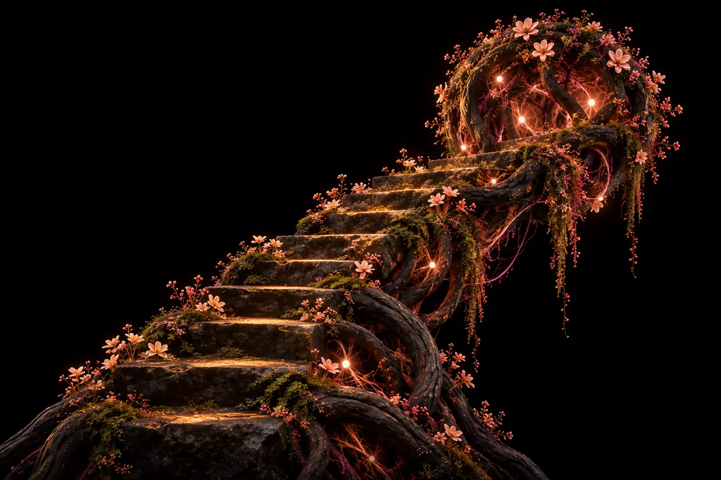 A warm illuminated stone stairway rising toward a small flowering canopy in darkness.