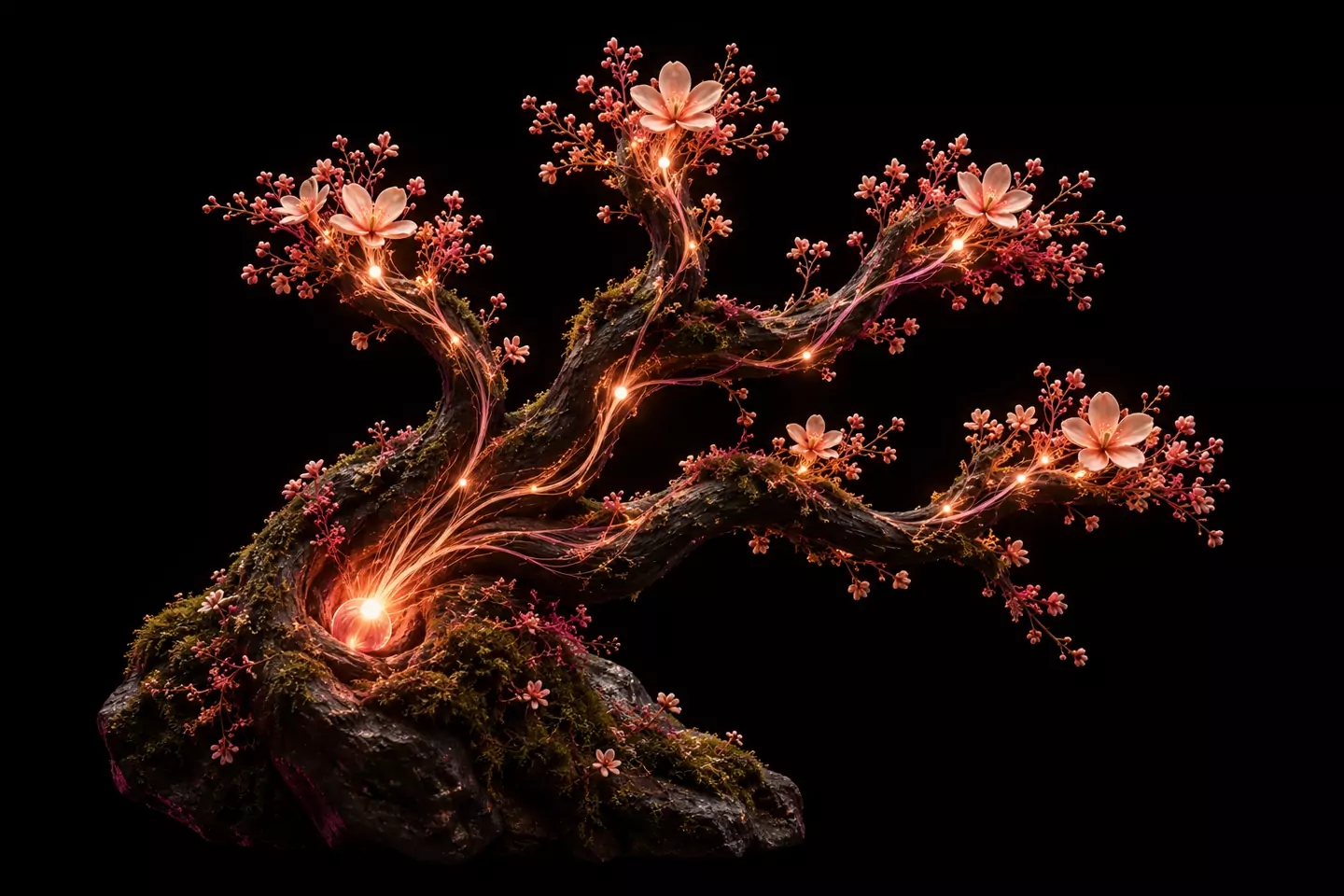 One luminous root branching into several delicate flowering stems against black.