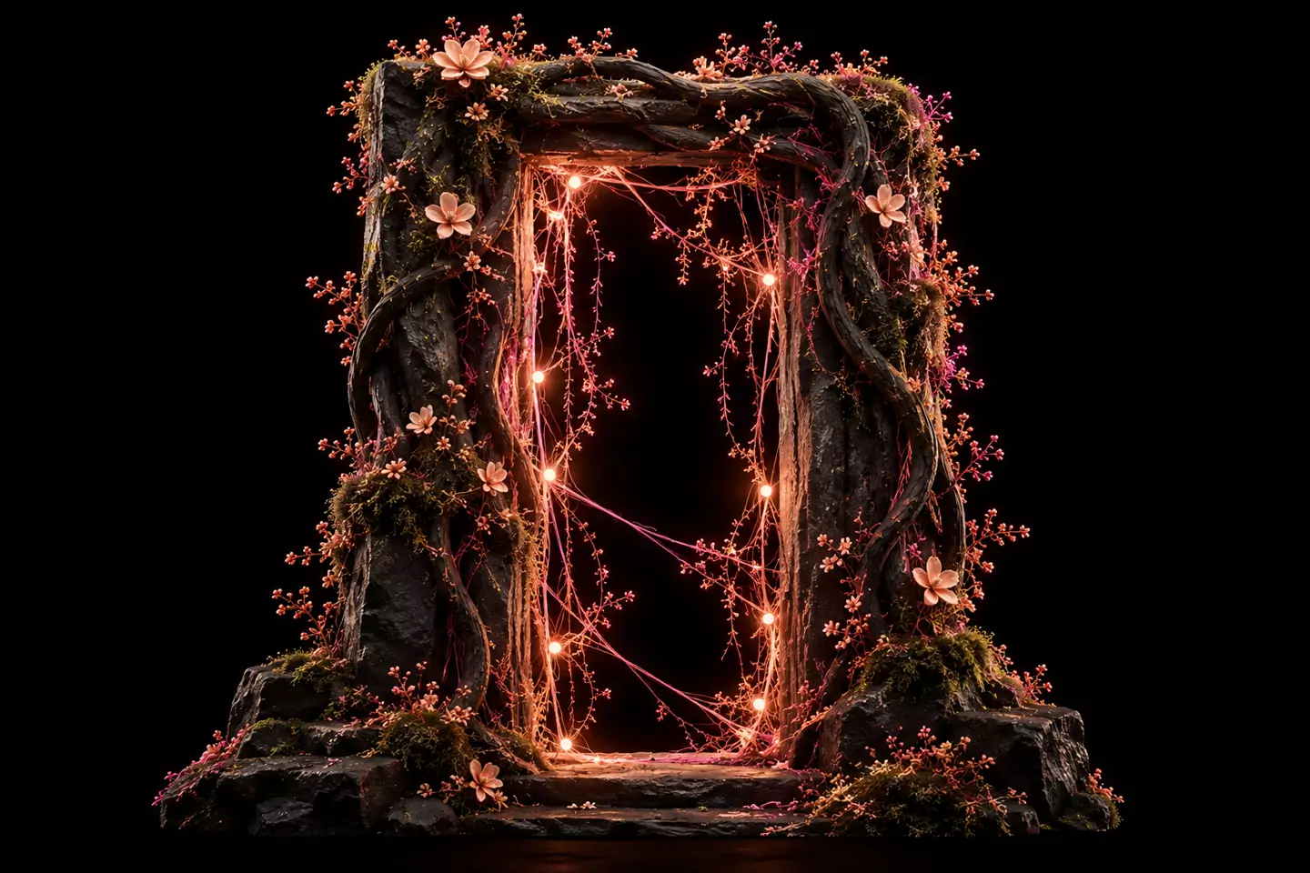 A dark sculpted doorway edged with fine glowing roots and peach flowers.